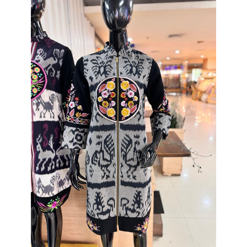 DRESS TUNIK BATIK BAHAN TENUN COMBINASI BORDIR N BULU2 SIKAT EXCLUSIVE THAMRIN CITY
