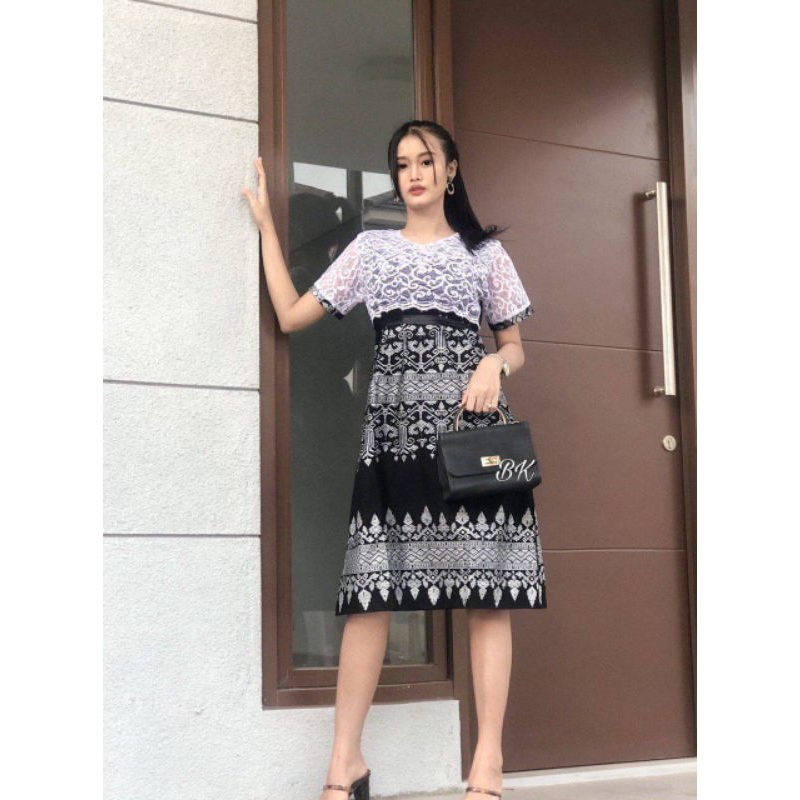 DRESS BATIK WANITA KOMBINASI BURKAT MODERN TERMURAH/OUTFIT KONDANGAN SIMPEL