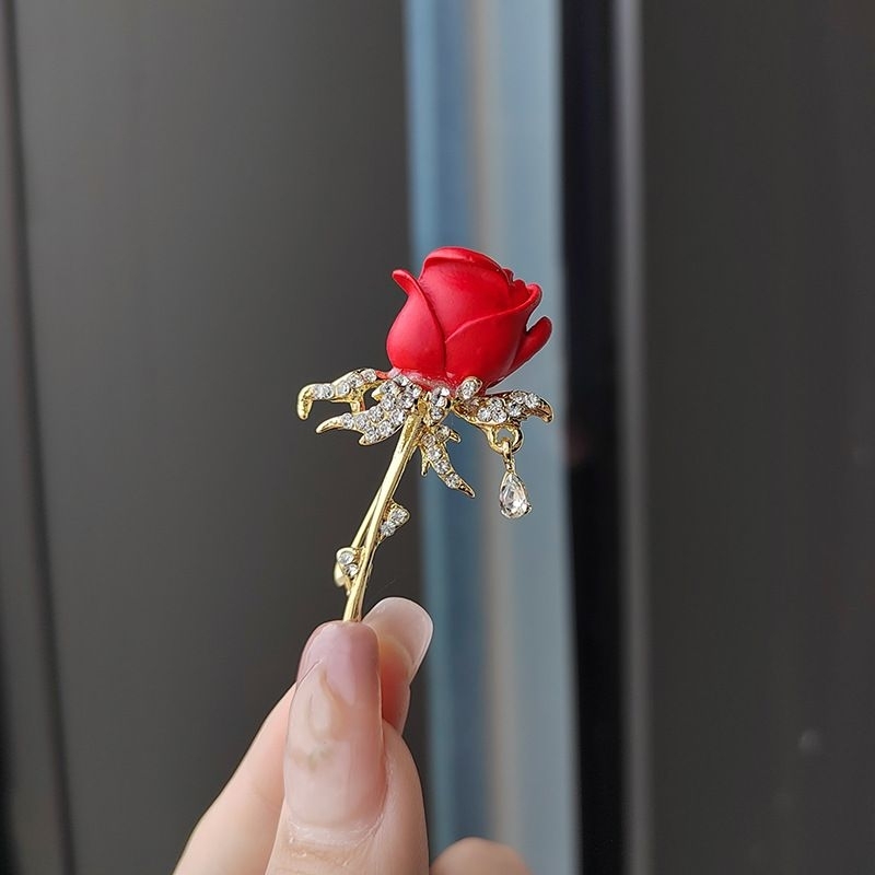 Bros Bunga Mawar Merah Peniti Rose Brooch