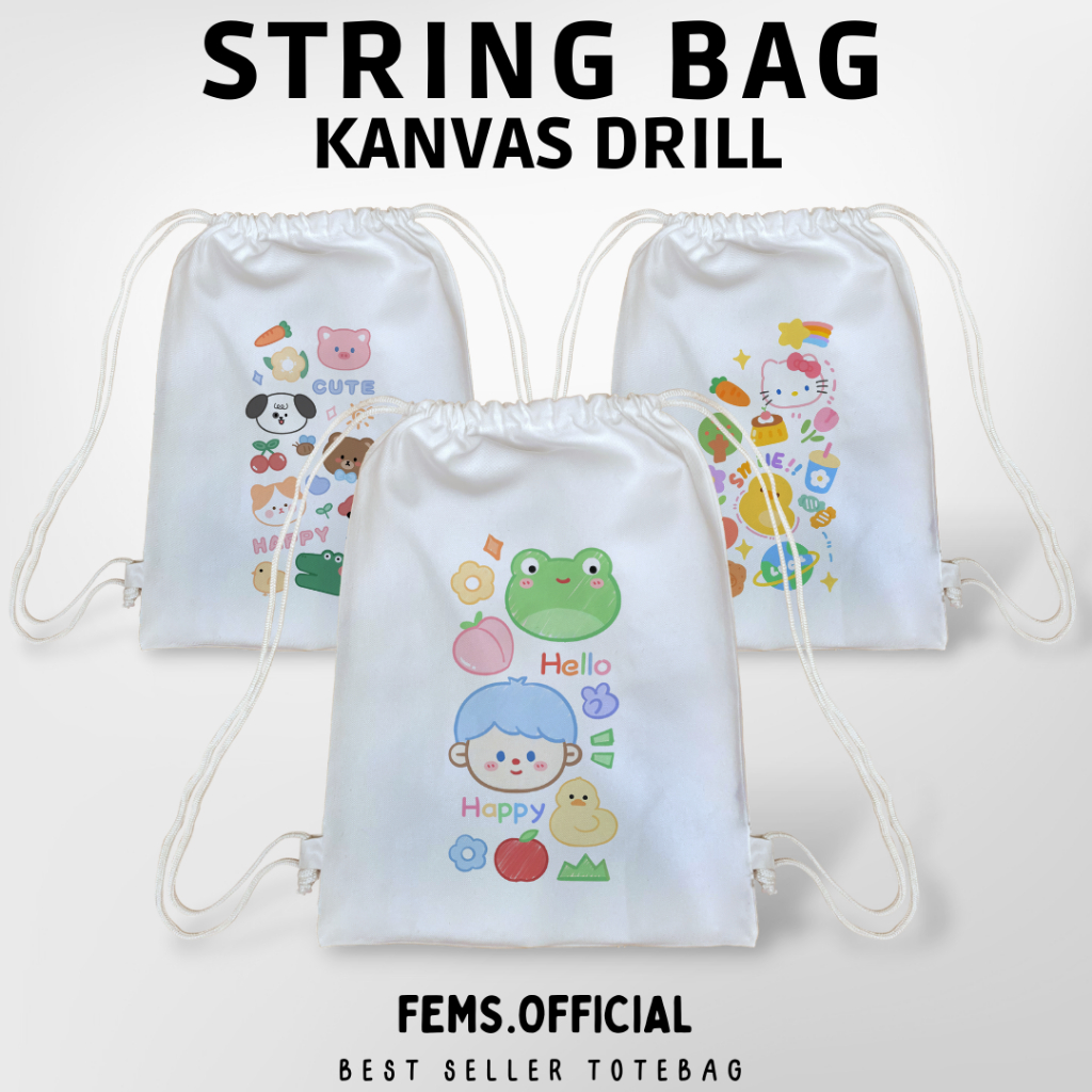 Tas Serut Kanvas Aesthetic String bag Kartun Putih Premium