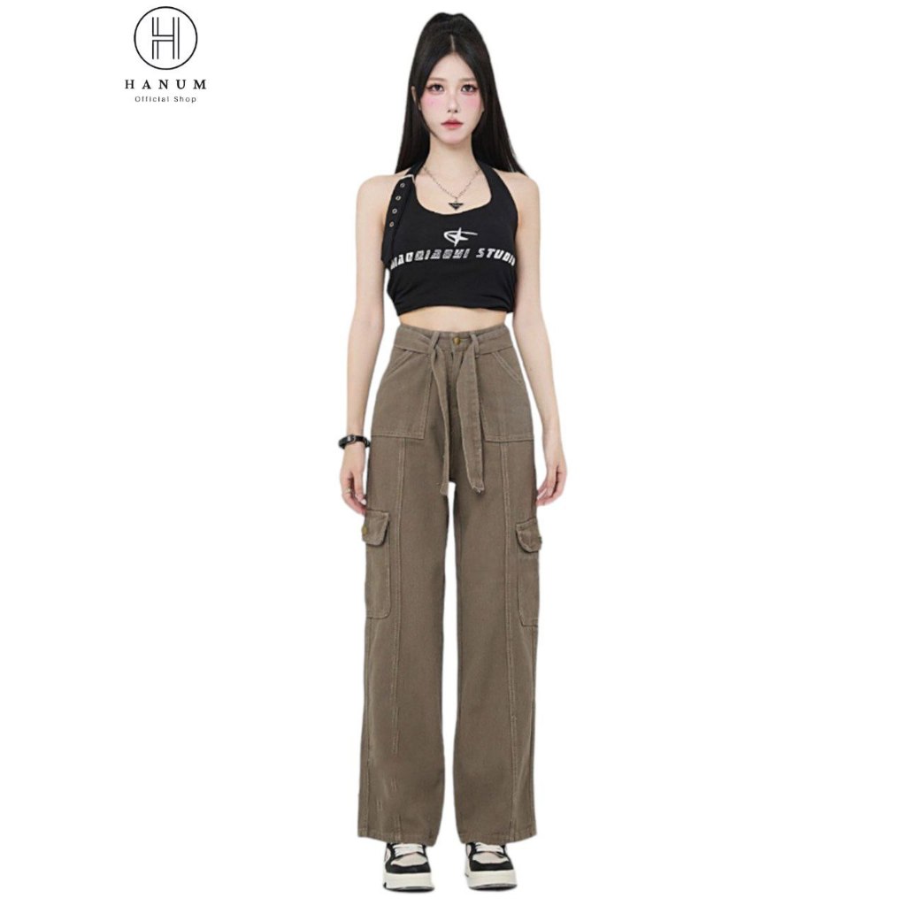 Celana Cargo Jeans Wanita HW Celana Cargo Jeans Wanita Highwaist Tali Pinggang Loose Pants Cargo