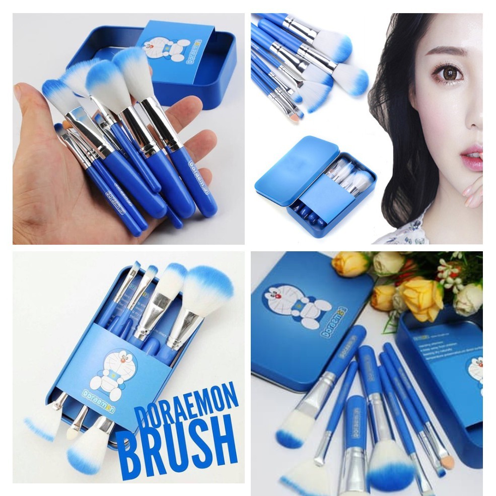 Set Kuas Doraemon 7 in 1 Make Up Brush Kuas Rias Makeup Eye Shadow Foundation Blusher Tools Set