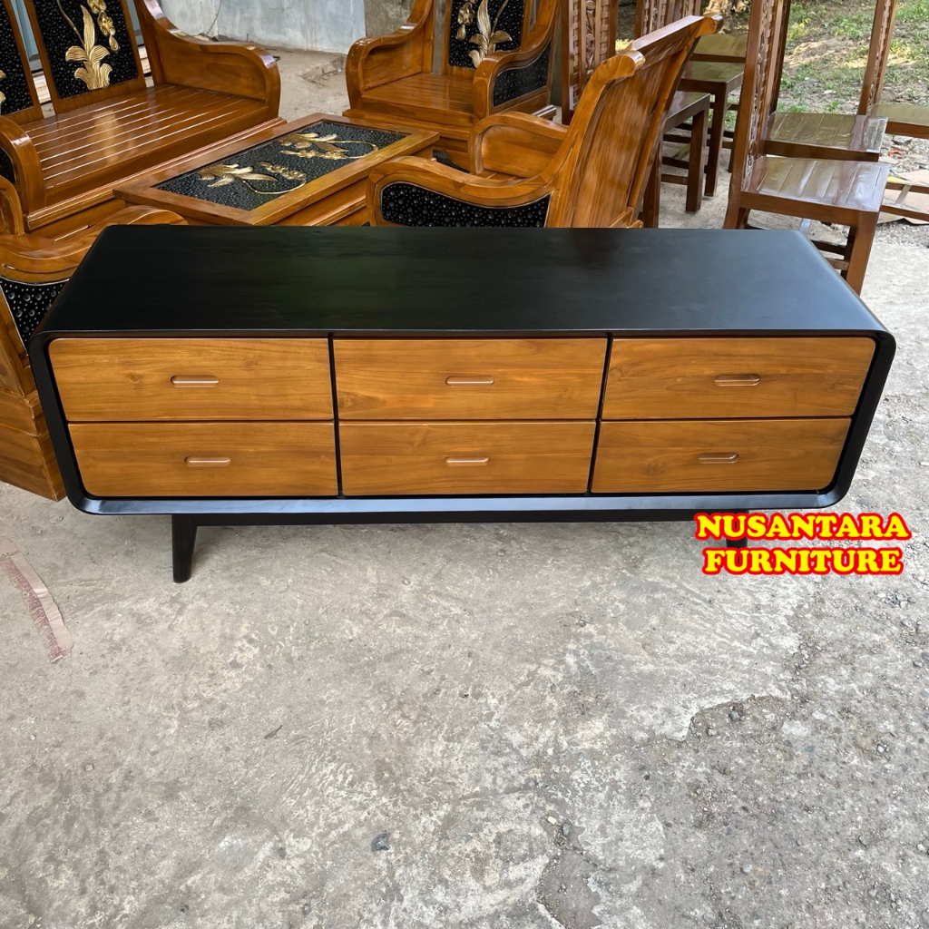 Bufet Tv Retro Meja TV Jati Minimalis 6 Laci Warna Natural Kombinasi Hitam