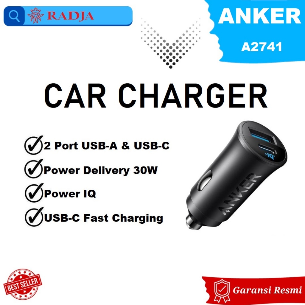 Car Charger Mobil Anker A2741 30W 2 Port USB Type-C PD Fast Charging