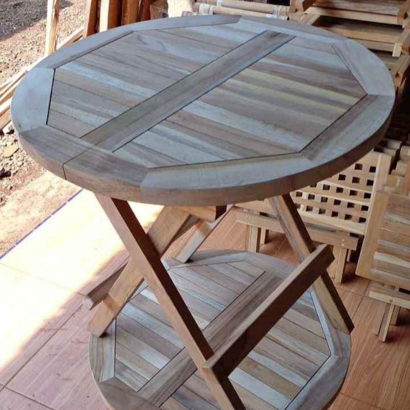 Meja Lipat Cafe / Meja Lipat Camping Bulat Kayu Jati Mentahan
