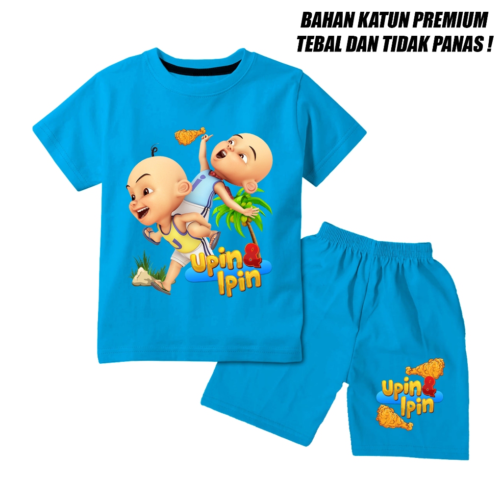 Setelan lengan pendek anak laki laki perempuan usia 1-10 tahun motif upin ipin ayam goreng bahan kat