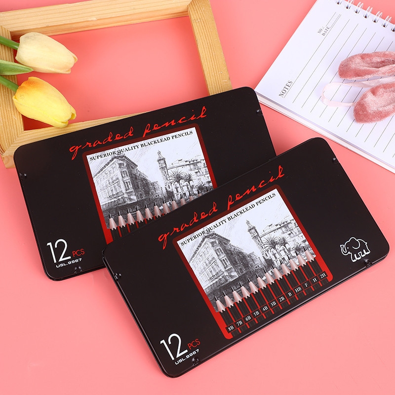 

D3W! 12 pcs Pensil gambar sketsa set lengkap 2H H F B HB 2B 3B 4B 5B 6B 7B 8B Charcoal Pencils