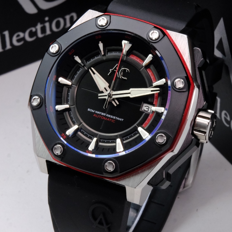 Jam Alexandre Christie Automatic Pria Terbaru 2024 Original AC 9601 Rubber Black Silver