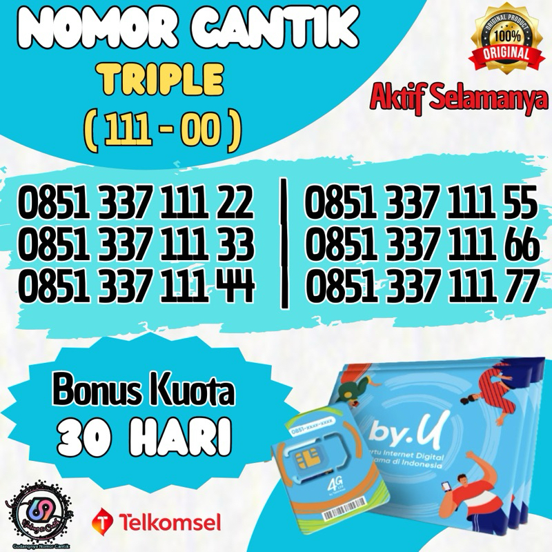 Nomor Cantik Couple Triple (111) Kartu Perdana by.U Telkomsel (Bonus Kuota 30hari)