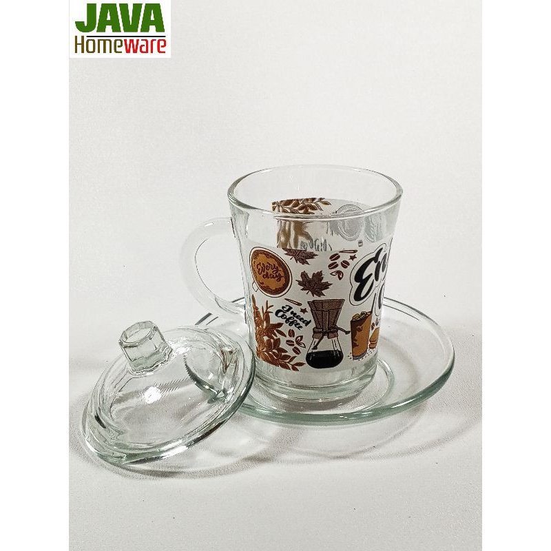 CANGKIR LEPEK ENJOY COFFEE SET | GELAS LEPEK KACA  | GELAS LEPEK BENING PRINTING | GELAS KACA SOUVEN