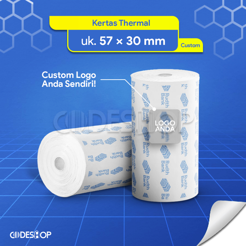 

Kertas Struk Kasir 57 x 30 mm Coreless Custom Logo Hasil Cetak Hitam Resto Bank UMKM