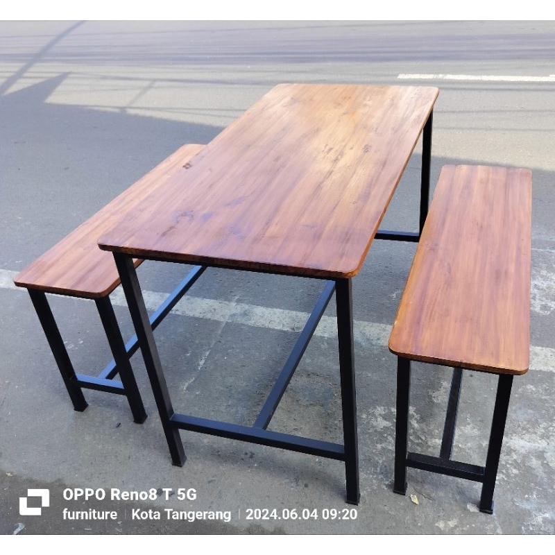 meja kaki besi set +kursi panjang full kayu 120×60×75cm