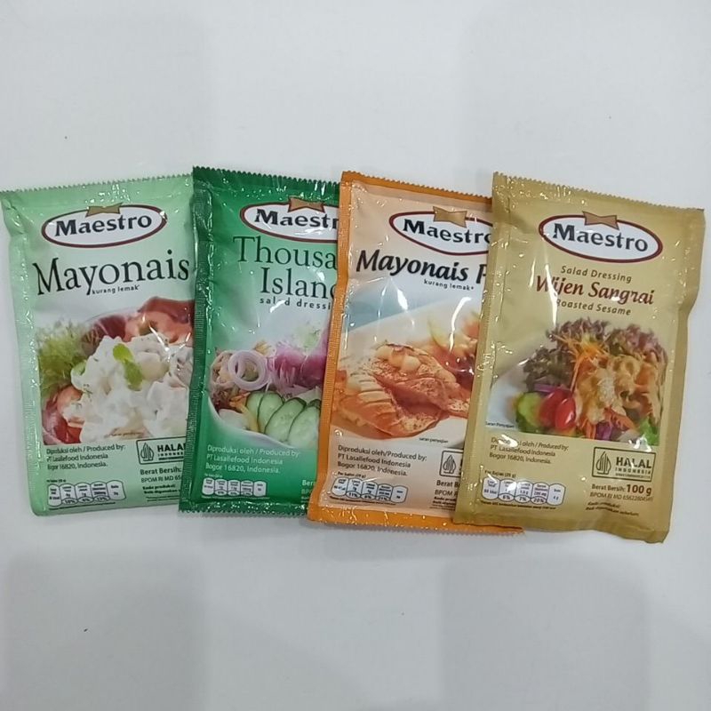 

Maestro Mayonais 100 g Ori , Pedas , wijen , dressing Sachet