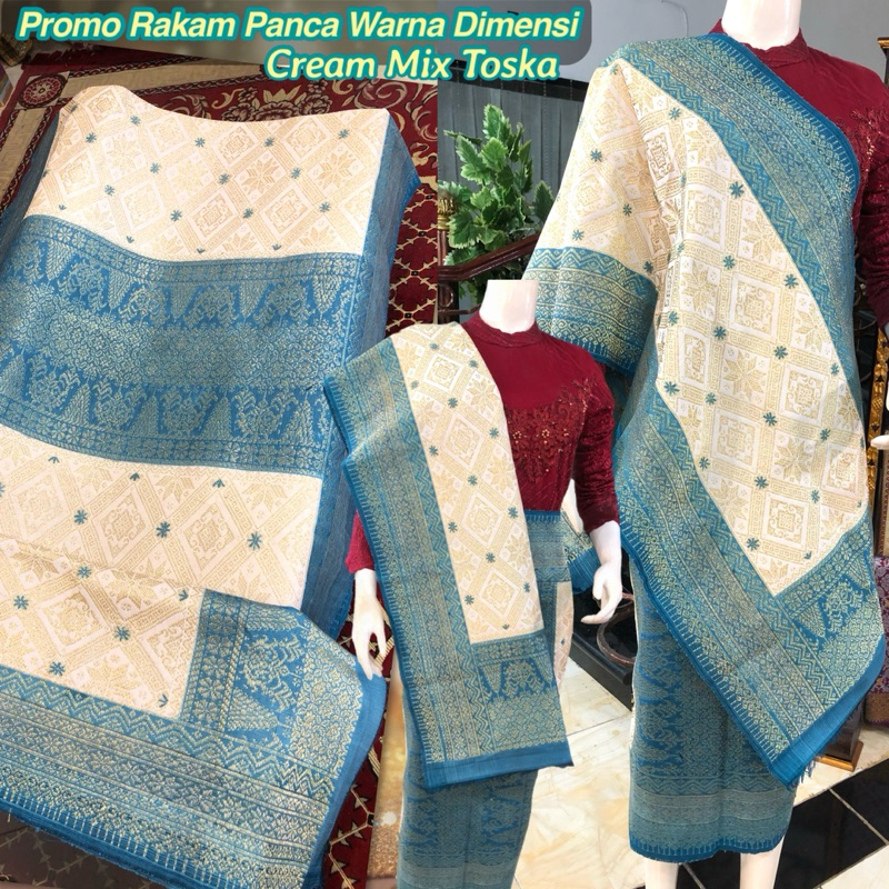 Songket Rakam Panca Warna Dimensi Promo/ Cream Mix Hijau Toska songket tenun asli palembang /ilham s