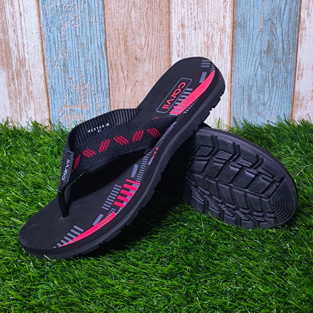 sendal carvil kekinian cewek cowok anak-anak dan remaja warna merah hitam