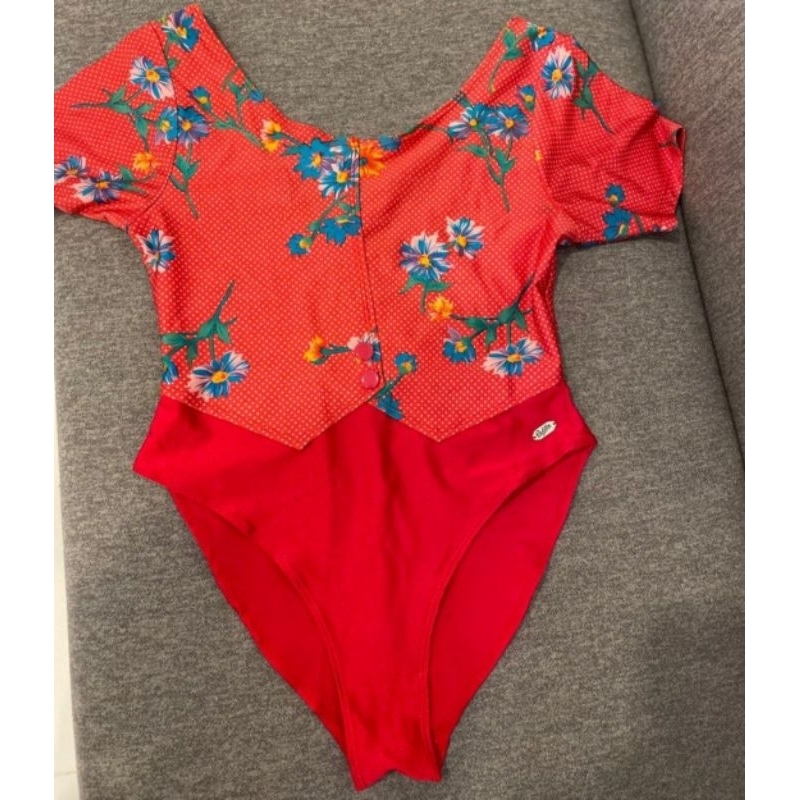 Swimsuit Baju Renang Leotard Lengan Pendek Padilla Merah Motif Floral