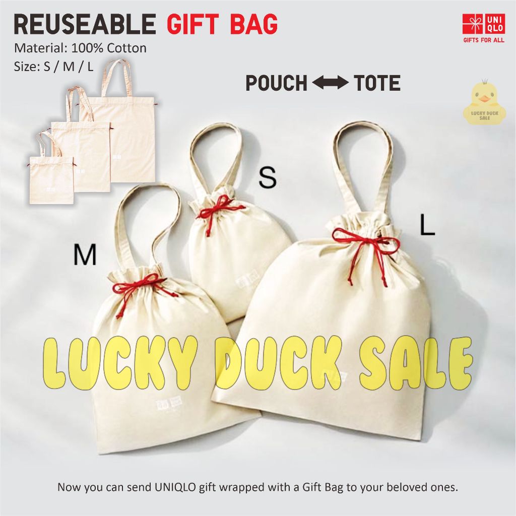 UNIQLO Gift Bag Tote Drawstring Off White Tas Serut Pouch Kado