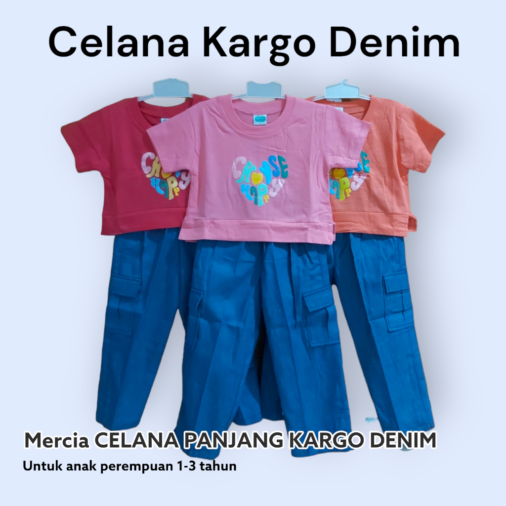 Mercia Setelan Celana Panjang Kargo Denim Choose Happy Umur 1-3 Tahun