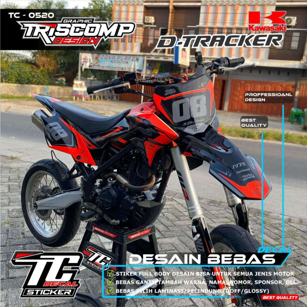 Bisa rquest Decal KLX Dtracker 150 New sticker Fullbody merah motif simpel Desain custom Nomor dan n