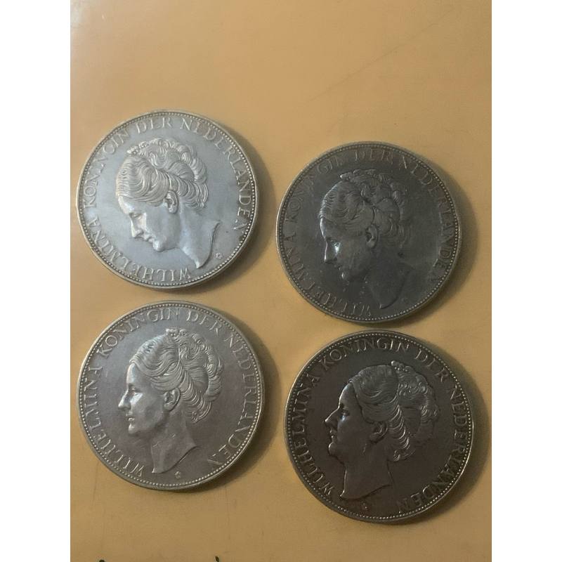 Koin perak wilhelmina silver 2 1/2 gulden Deep Hair Line rambut kasar belanda kuno 4 keping