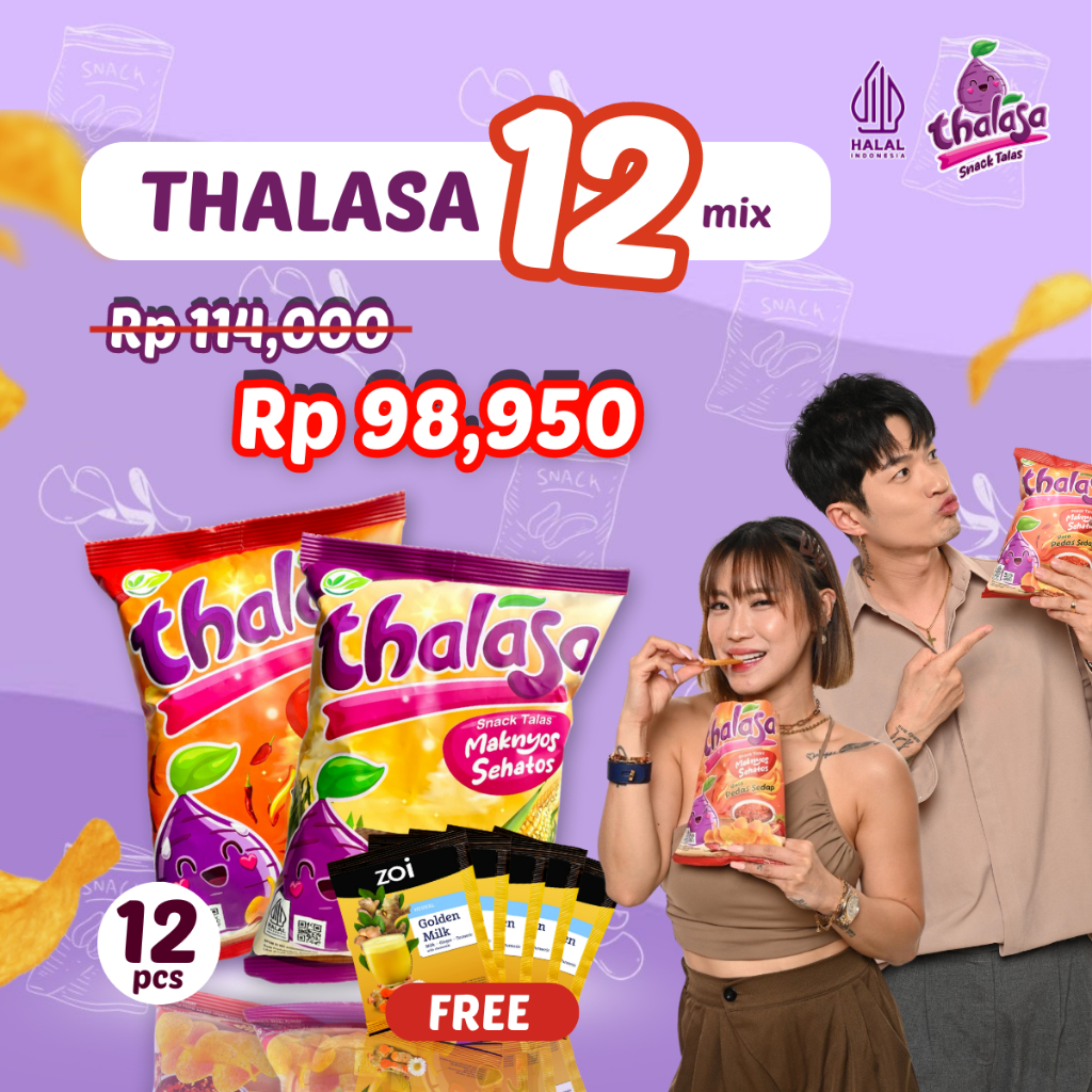 

Thalasa Bundle 12 Mix FREE 5 Sachet Zoi Golden Milk x Lee Jeong Hoon Thalasa Snack (Rasa Jagung Bakar/ Pedas Sedap)