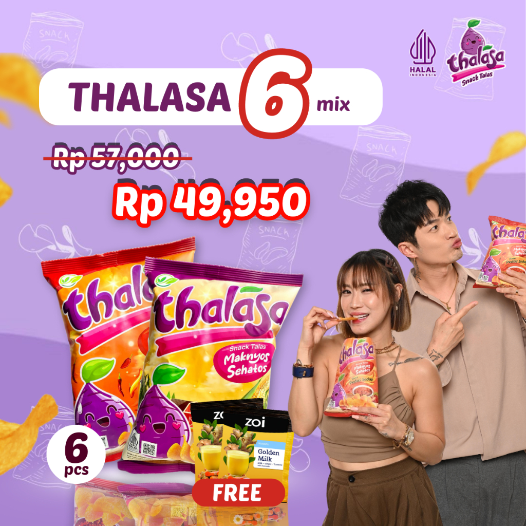

Thalasa Bundle 6 Mix FREE 2 Sachet Zoi Golden Milk x Lee Jeong Hoon Thalasa Snack (Rasa Jagung Bakar/ Pedas Sedap)