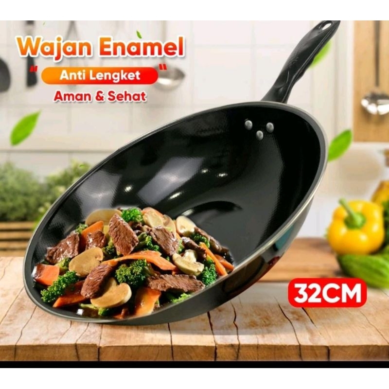 Wajan penggorengan enamel wajan teflon hitam  32cm