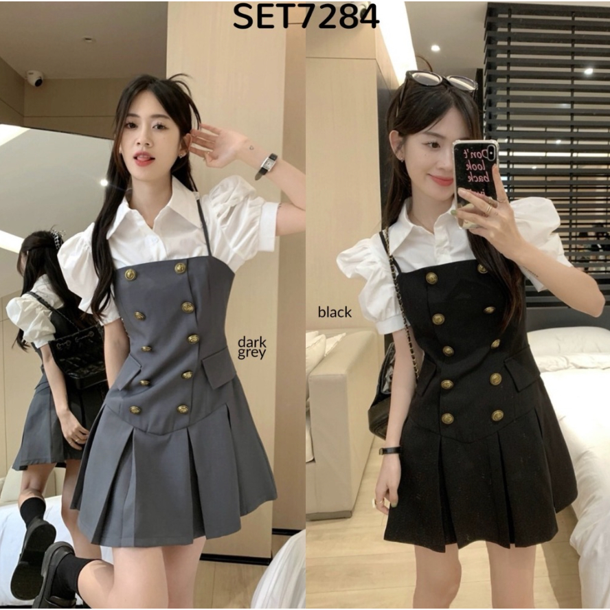 HMC- S7284 EONIE OVERALL SET SHIRT N JK DRESS OUTER