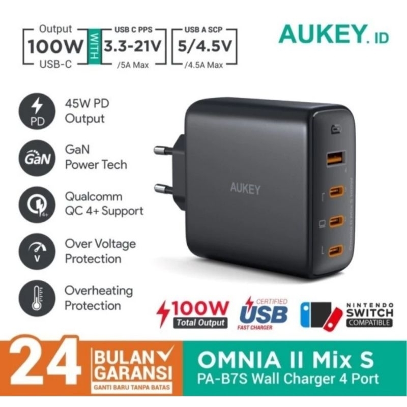 aukey 4 port wall charger adaptor 100w gan tech pd 3.0 PA-B7S