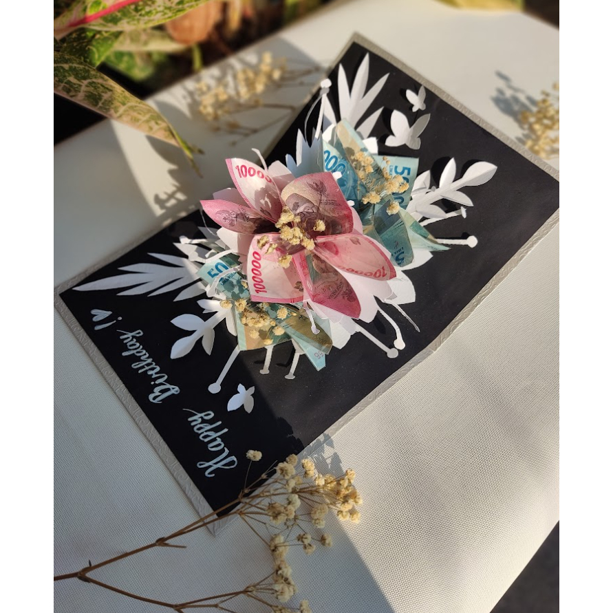 BUNGA UANG ASLI 50 100 RIBU / Hadiah Kartu Ucapan Ulang Tahun / Pop Up Card / Buket Kertas Handmade