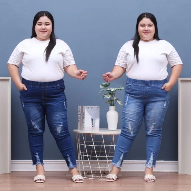 Celana Jeans Wanita Sobek Jumbo / Celana Pinggang Karet / Celana Jeans Ripped / celana jeans Legging