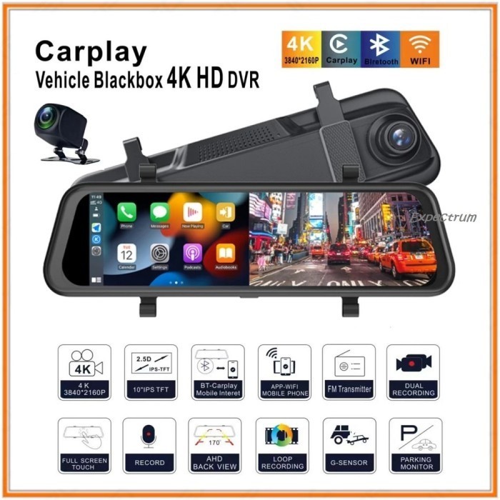 CAR DVR / Dashcam mobil 10" 4K, 2 Kamera, WIFI, Support Android Auto, Apple Car Play