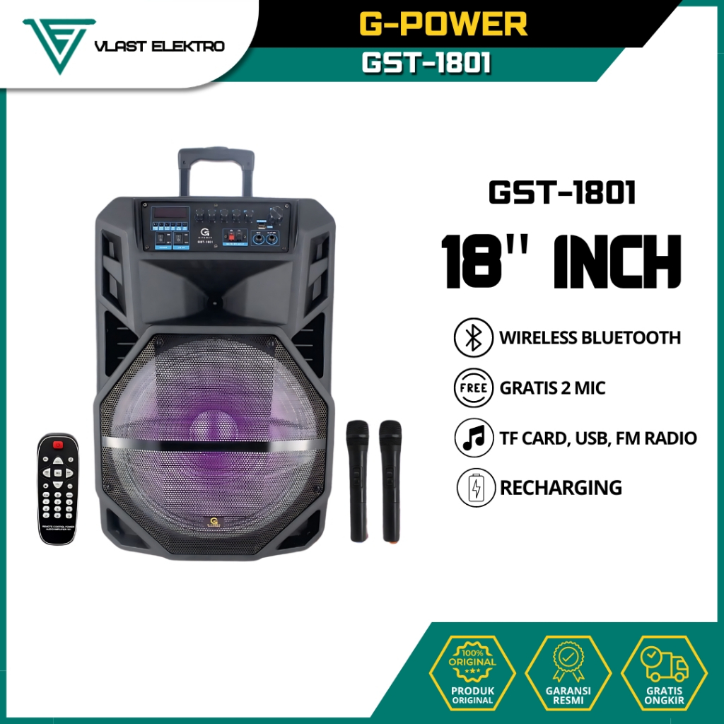 G-POWER PROFESIONAL PORTABLE BATTERY SPEAKER GST 1801 KNOP ORIGINAL GARANSI RESMI