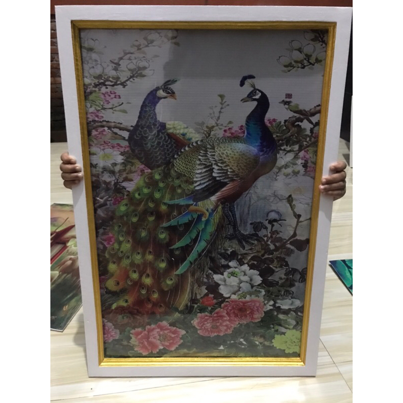 hiasan dinding gambar merak bunga sakura plus bingkai