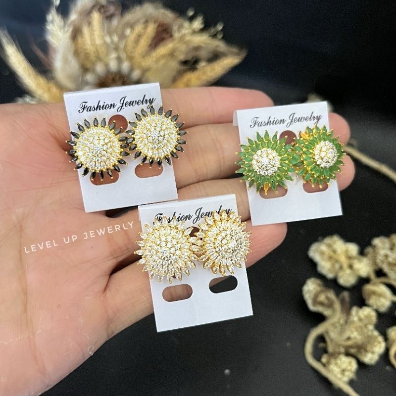 Anting Tusuk Wanita Permata Motif Padi | Bahan Tembaga Lapis Emas | Lapisan Emas Tebal | Bisa di Sep