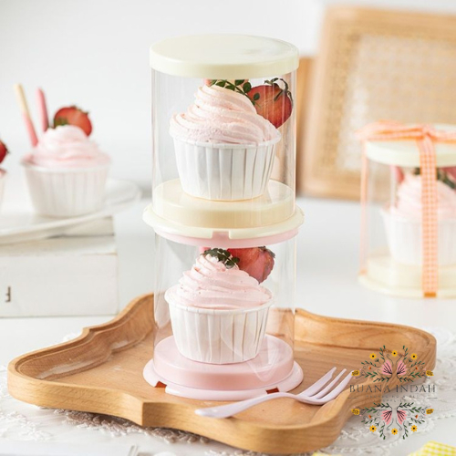 TEMPAT KUE TABUNG CUPCAKE DIAMETER 10 CM TINGGI 11 CM MN-1311 BOX MIKA KUE  PACKING KUE DUA WARNA ha