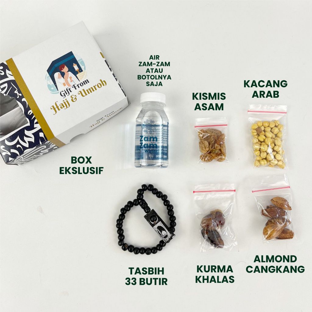 

PAKET OLEH OLEH HAJI UMROH, BERBAGAI VARIAN & AIR ZAM ZAM 80 ML