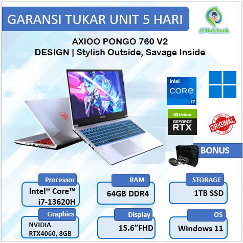 Axioo Pongo 760 V2 RTX4060 8GB/ i7 13620H 64GB 1TB W11 15.6"FHD 144Hz