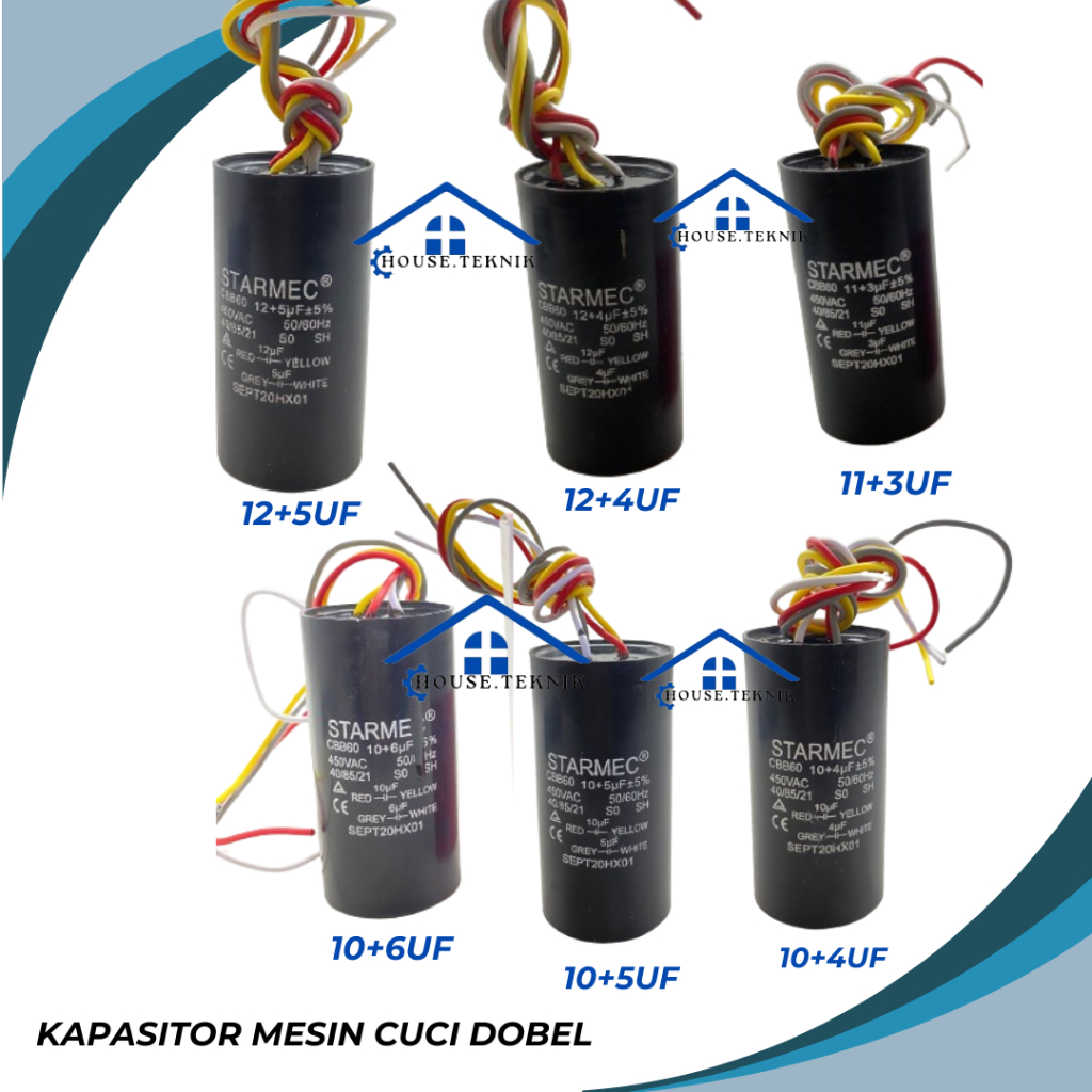 KAPASITOR MESIN CUCI 10+4uf, 10+5uf, 10+6uf, 11+3uf, 12+4uf, 12+5uf CAPASITOR DOBEL
