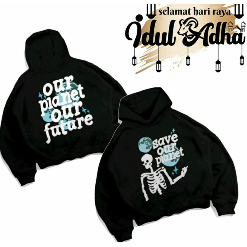 sweater hoodie boxy oversize our planet black • feelingstreey • hoodie pria wanita oversize