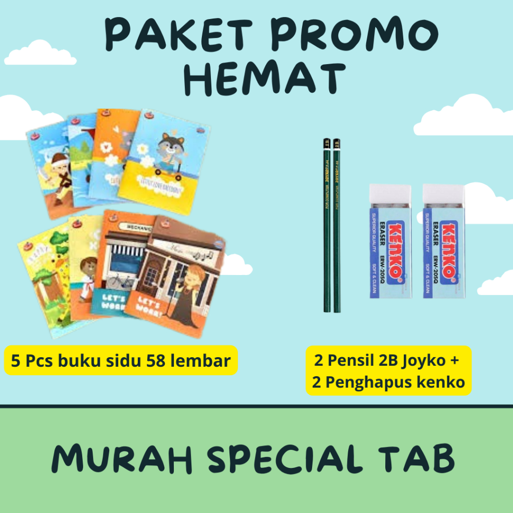 

PAKET PROMO MURAH SPECIAL TAB 5 PCS BUKU SIDU 58 + 2 JOYKO PENSIL 2B DAN 2 KENKO PENGHAPUS BESAR