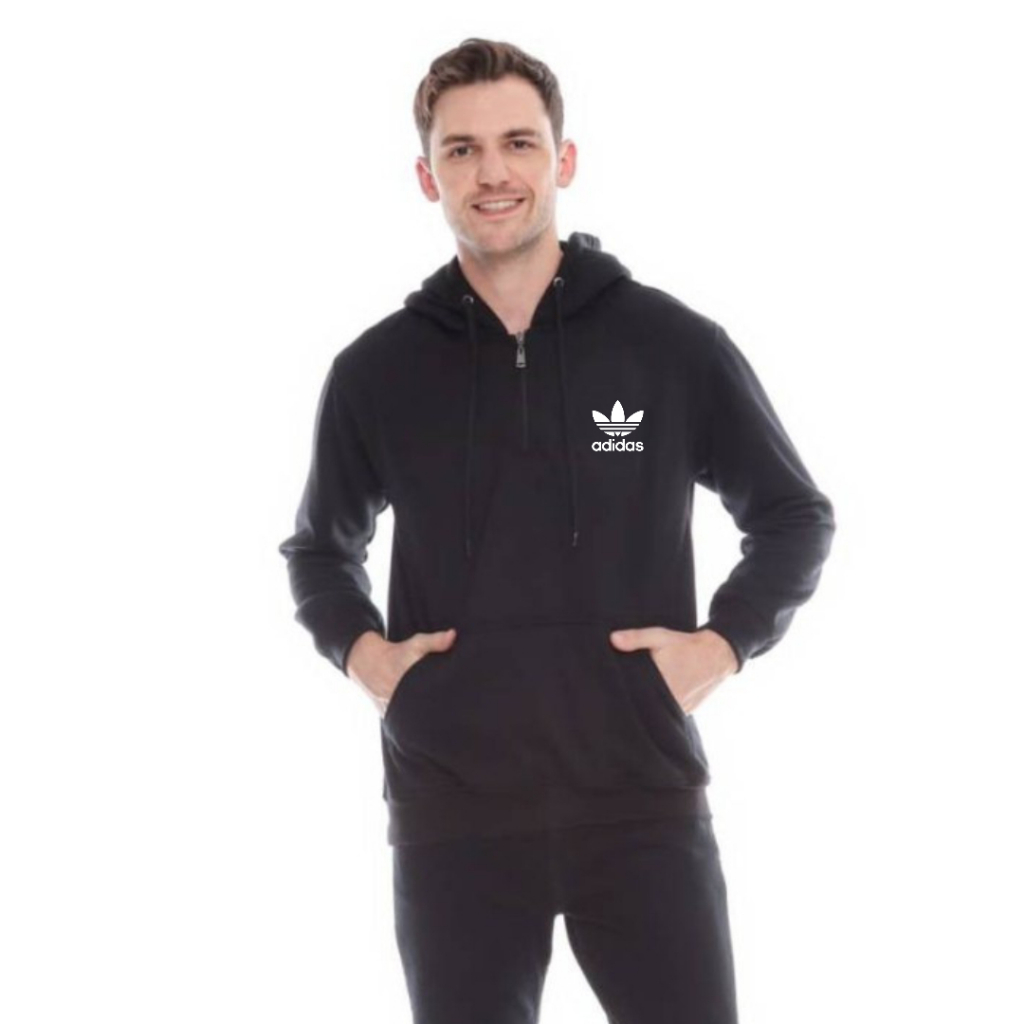 Half Zipper Hoodie Adidas Premium Fleece Tebal Pria Dewasa Unisex