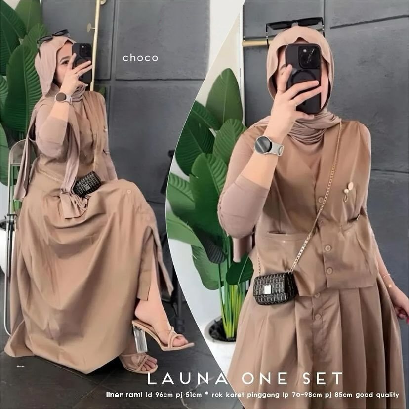 Launa Set Rok Bahan Linen Rami Setelan Wanita Kekinian Outfit Set Korean Style One Set Wanita Hijab