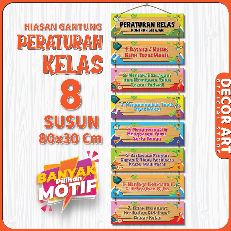 

TERLARISSS DecorArt 8x3 Cm Dekorasi Dinding Peraturan Kelas Kontrak Belajar Gantung Tali 8 Susun Kode PERLAS