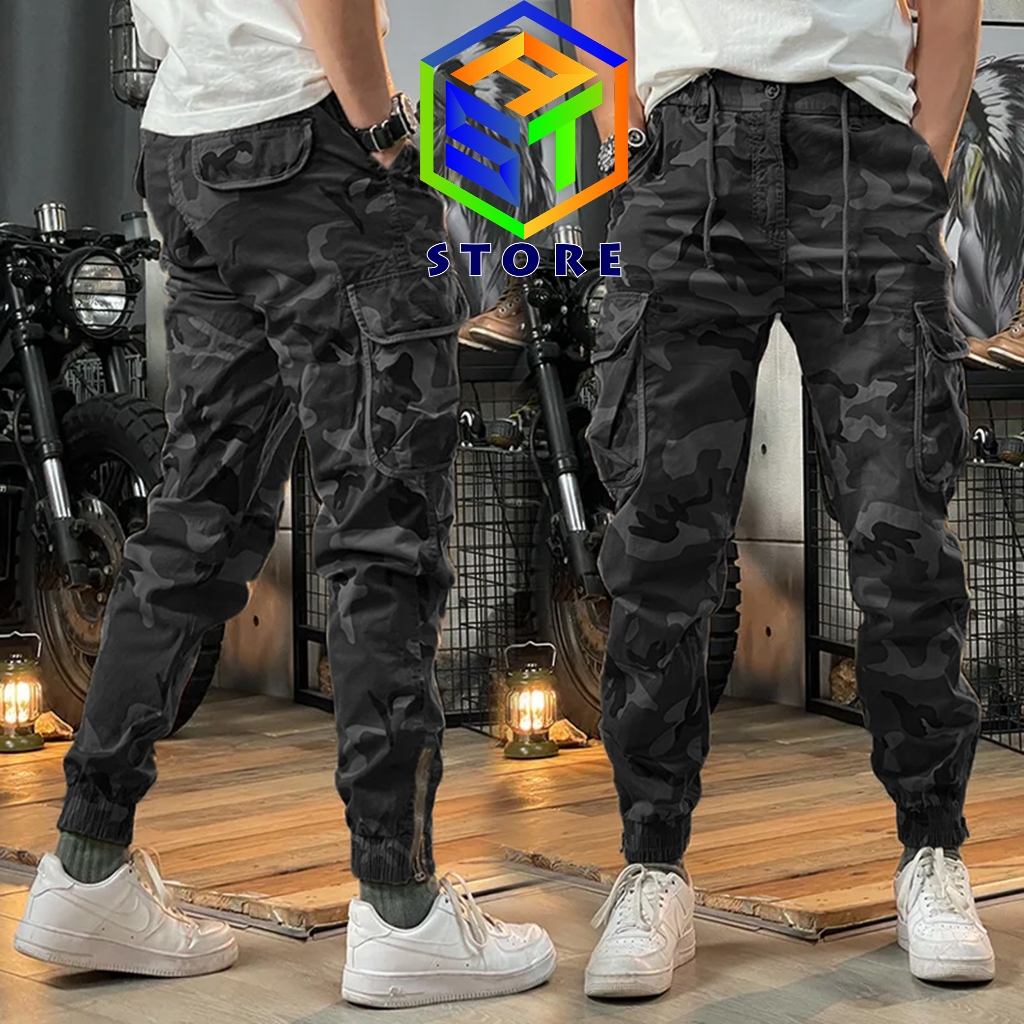 joger cargo panjang Celana Jogger Cargo Panjang Pria Wanita Motif Camo Loreng Warna Hitam
