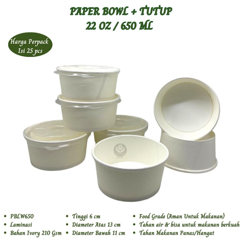 Paper Bowl 650 Ml Rice Bowl 22 Oz Plus Tutup (Isi 25 Pcs-PBLW650)