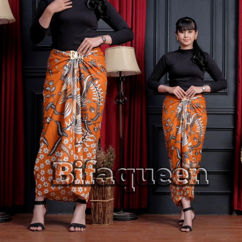 Rok Lilit batik modern motif Merak Oren, Rok lilit bawahan kebaya, Baju kondangan wisuda yang elegan