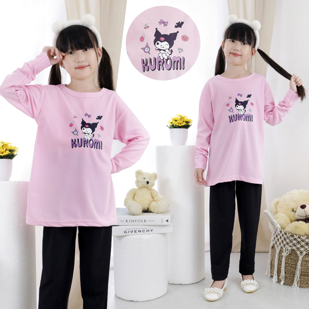 Setelan Anak Tunik Lengan Panjang Motif Kuromi Cute Umur 3-11 Tahun