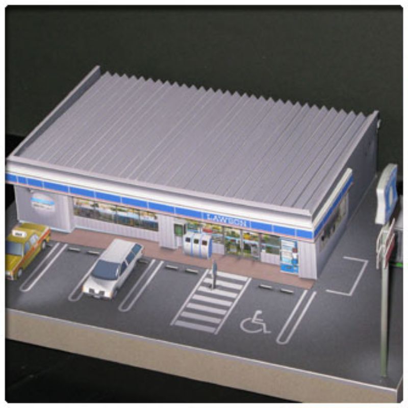 Lembaran pola papercraft diorama minimarket Lawson skala 87 (OP-N7)