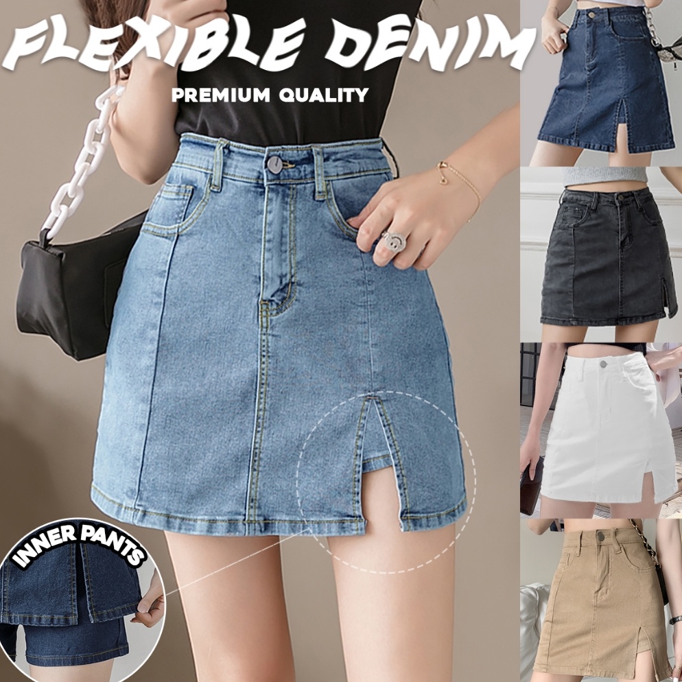 Oke Pr 688 Side Slit Strechable Denim jeans Skirt with Pants rok jeans span ROK BIG SIZE JUMBO Rok j